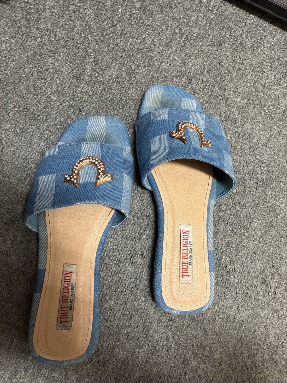 True Religion Blue Denim Slide Sandals with Embellished Logo